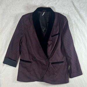 Free People Velvet Trimmed Red Tartan Plaid Smokers Jacket Oversized Medium Chic
